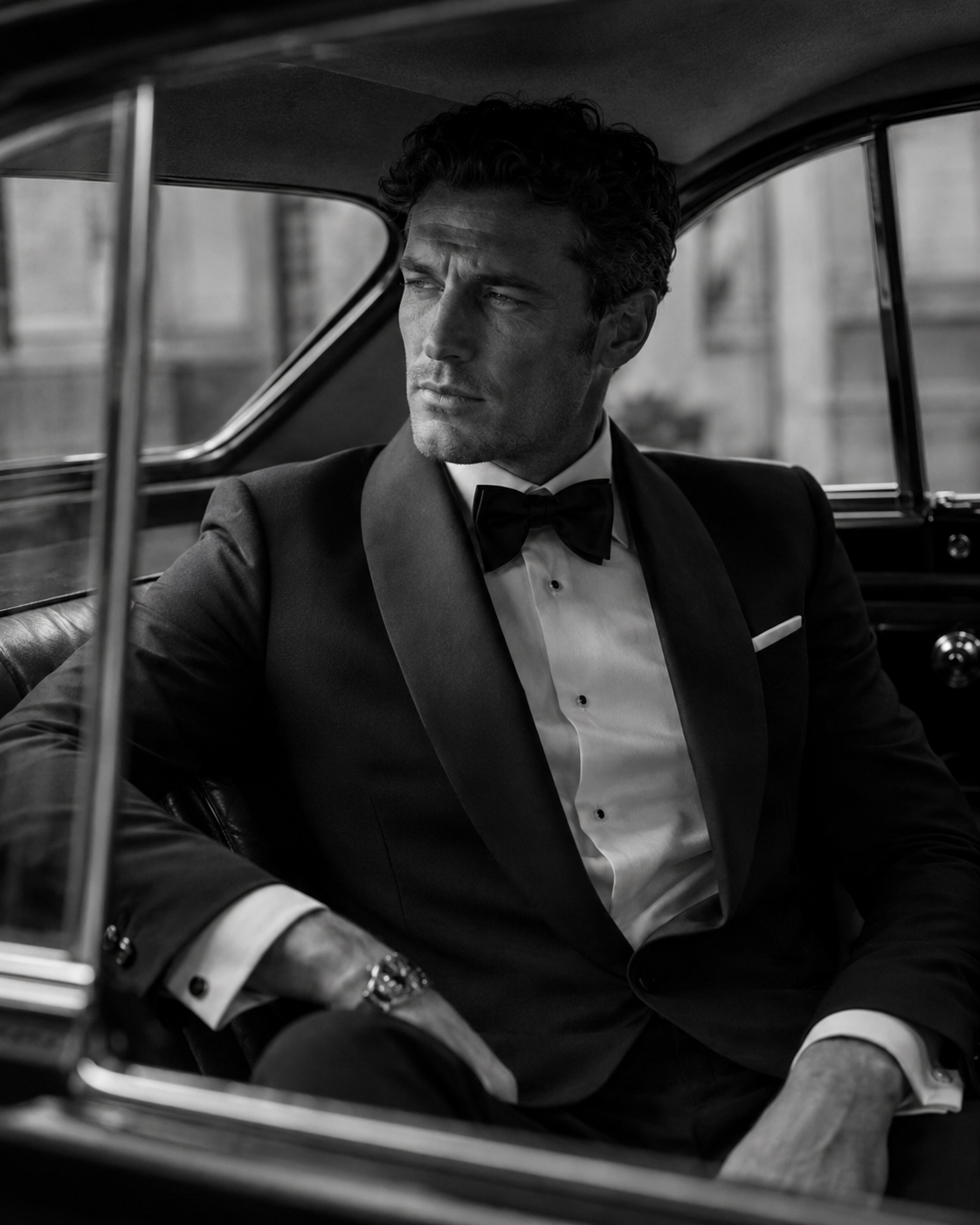 Black tie tuxedo editorial portrait inside a classic car